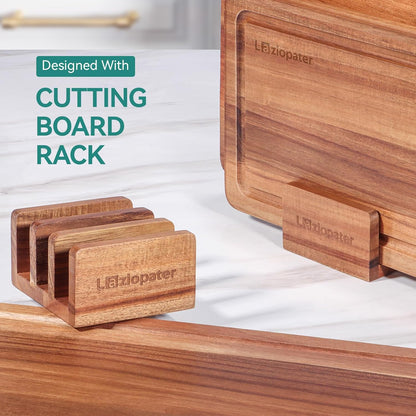 Acacia Wood Cutting Board Set of 3, Solid Wood Cutting Board with Holder, Deep Juice Grooves & Built-in Handles, Durable Wooden Chopping Board Set for Meat, Vegetables, Cheese, Kitchen Prep