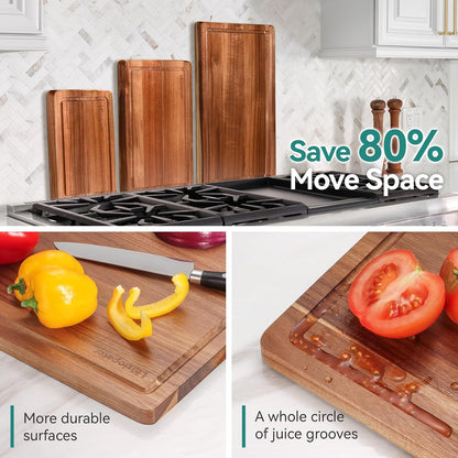 Acacia Wood Cutting Board Set of 3, Solid Wood Cutting Board with Holder, Deep Juice Grooves & Built-in Handles, Durable Wooden Chopping Board Set for Meat, Vegetables, Cheese, Kitchen Prep