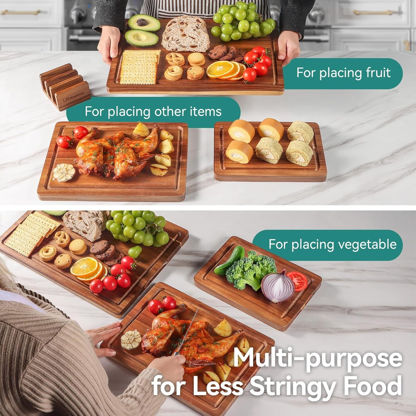 Acacia Wood Cutting Board Set of 3, Solid Wood Cutting Board with Holder, Deep Juice Grooves & Built-in Handles, Durable Wooden Chopping Board Set for Meat, Vegetables, Cheese, Kitchen Prep