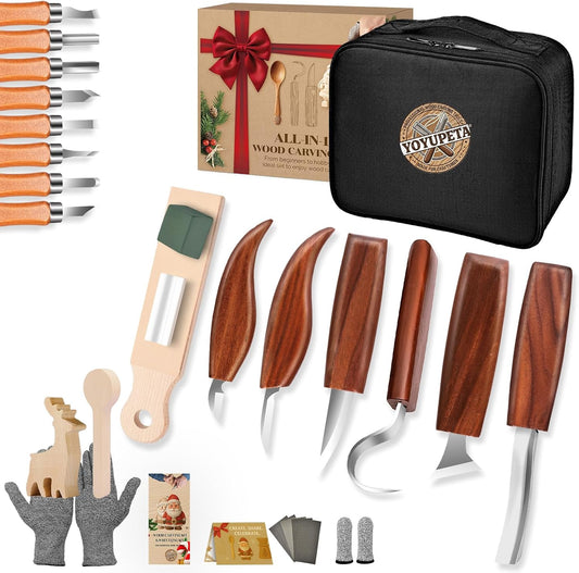 Wood Carving Kit, 32-Piece Professional Whittling & Carving Tool Set with Walnut Handle Knives, Detail Gouges, Sharpening Stone, Strop, Basswood Blanks and Gloves for Adult Hobbyists & Craft