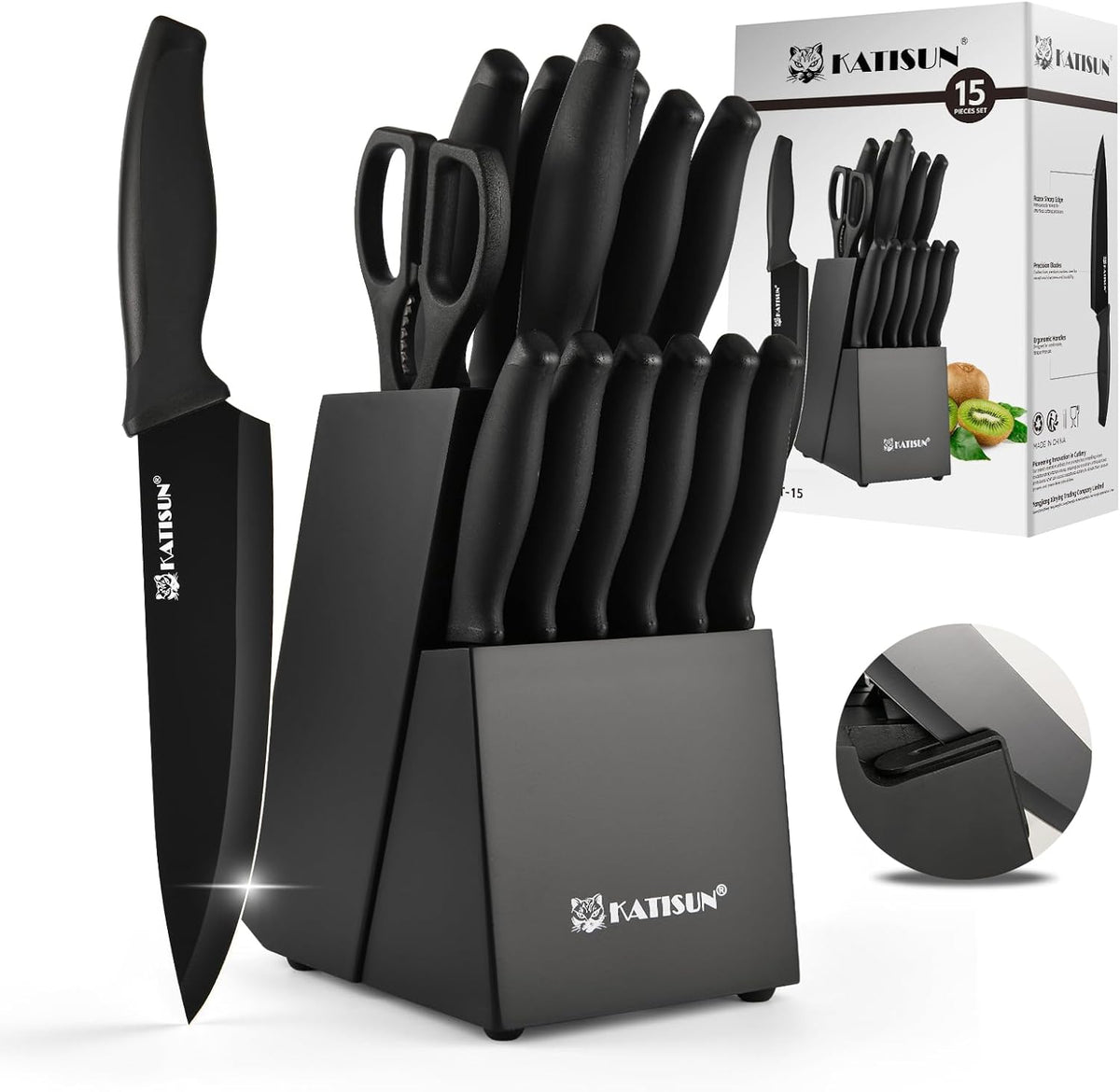 15-Piece Stainless Steel Kitchen Knife Set, Built-in Knife Sharpener, Dishwasher Safe, Ergonomic Non-Slip Handles, 6 Steak Knives, Black