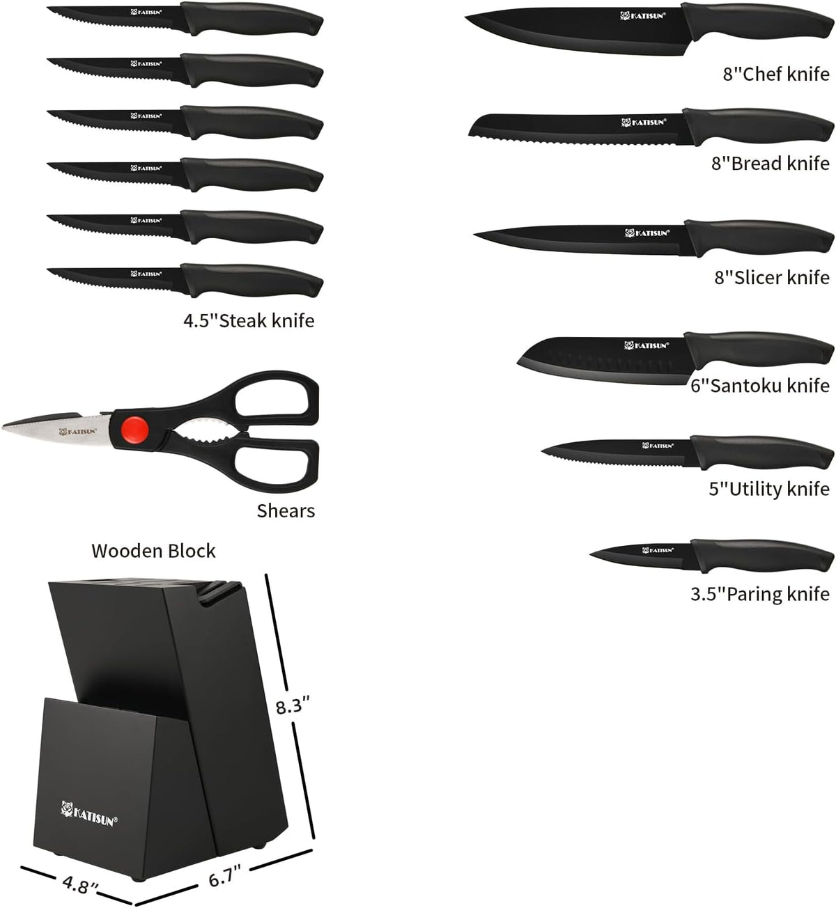 15-Piece Stainless Steel Kitchen Knife Set, Built-in Knife Sharpener, Dishwasher Safe, Ergonomic Non-Slip Handles, 6 Steak Knives, Black