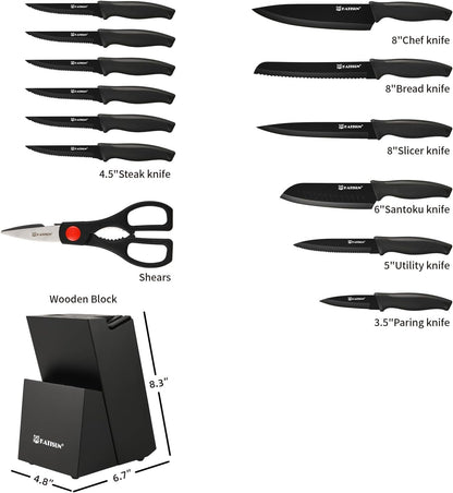 15-Piece Stainless Steel Kitchen Knife Set, Built-in Knife Sharpener, Dishwasher Safe, Ergonomic Non-Slip Handles, 6 Steak Knives, Black