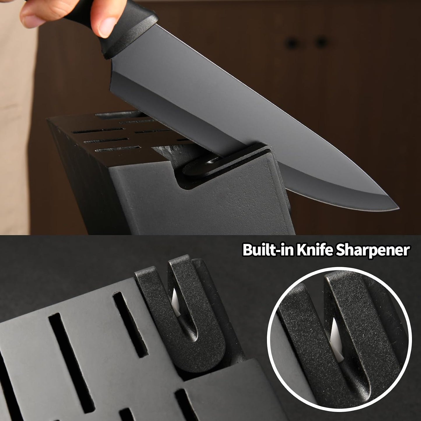 15-Piece Stainless Steel Kitchen Knife Set, Built-in Knife Sharpener, Dishwasher Safe, Ergonomic Non-Slip Handles, 6 Steak Knives, Black