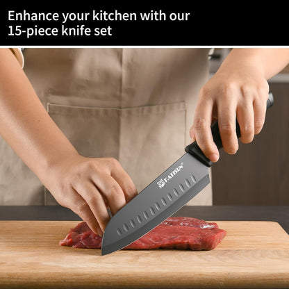 15-Piece Stainless Steel Kitchen Knife Set, Built-in Knife Sharpener, Dishwasher Safe, Ergonomic Non-Slip Handles, 6 Steak Knives, Black