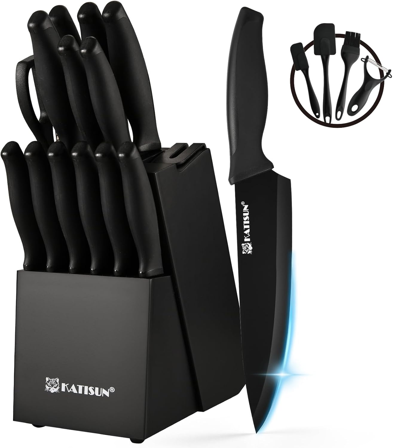 15-Piece Stainless Steel Kitchen Knife Set, Built-in Knife Sharpener, Dishwasher Safe, Ergonomic Non-Slip Handles, 6 Steak Knives, Black