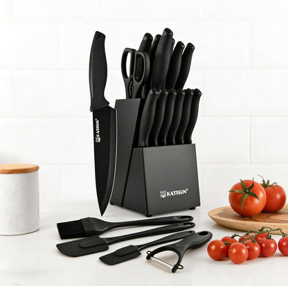 15-Piece Stainless Steel Kitchen Knife Set, Built-in Knife Sharpener, Dishwasher Safe, Ergonomic Non-Slip Handles, 6 Steak Knives, Black