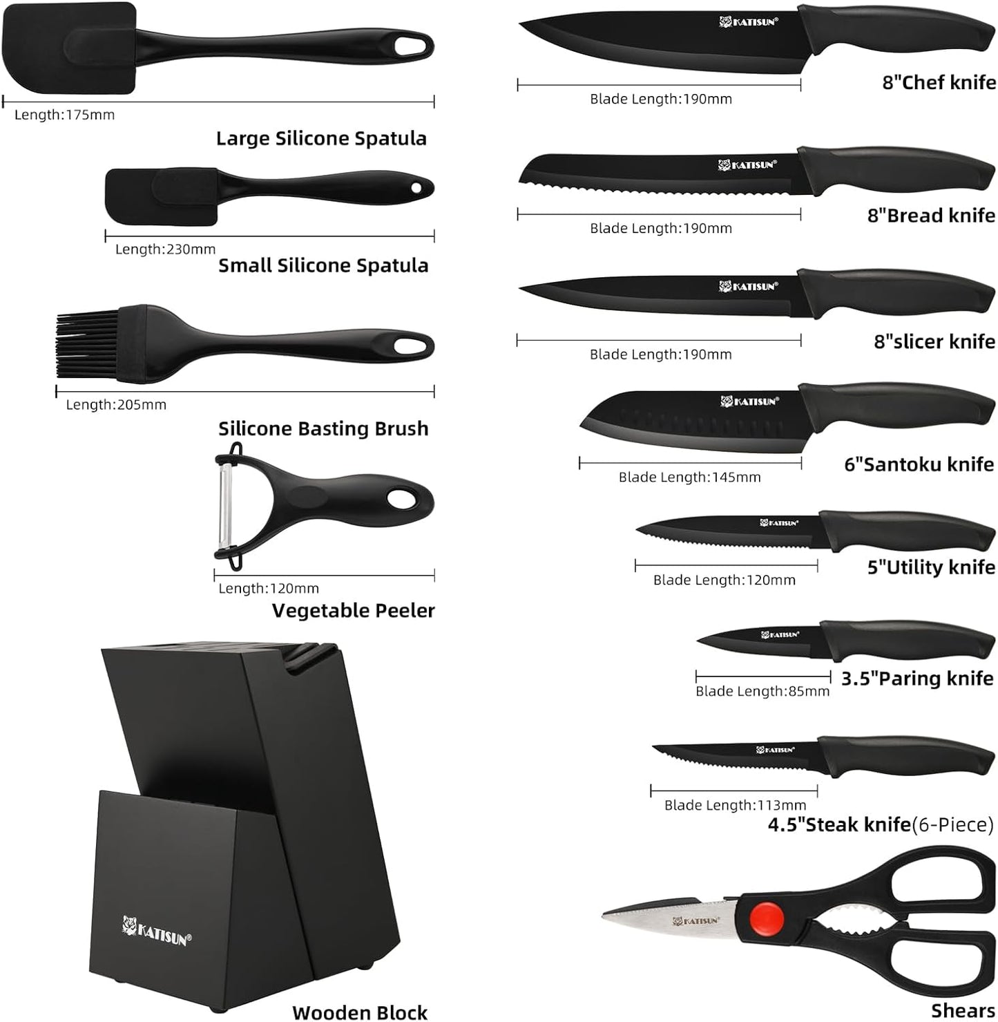 15-Piece Stainless Steel Kitchen Knife Set, Built-in Knife Sharpener, Dishwasher Safe, Ergonomic Non-Slip Handles, 6 Steak Knives, Black