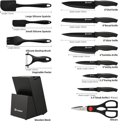 15-Piece Stainless Steel Kitchen Knife Set, Built-in Knife Sharpener, Dishwasher Safe, Ergonomic Non-Slip Handles, 6 Steak Knives, Black