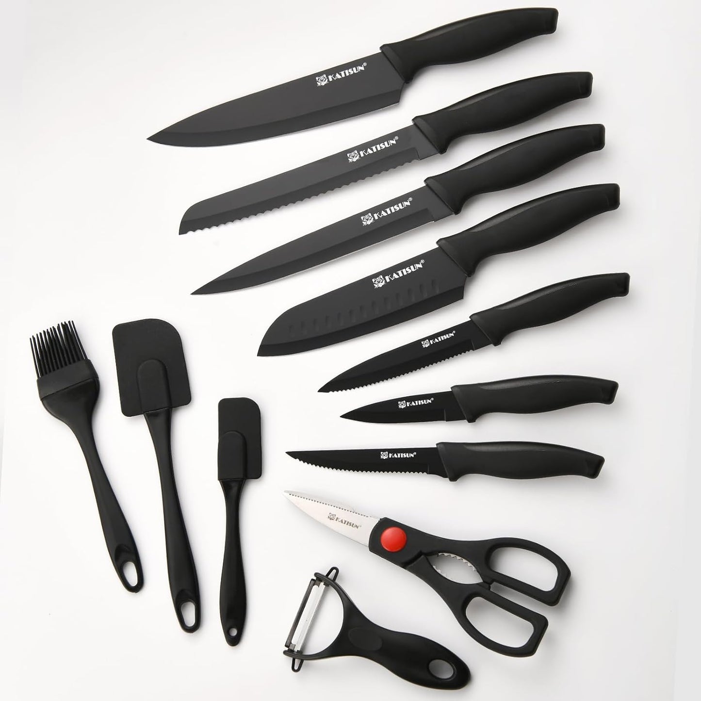 15-Piece Stainless Steel Kitchen Knife Set, Built-in Knife Sharpener, Dishwasher Safe, Ergonomic Non-Slip Handles, 6 Steak Knives, Black