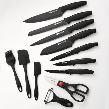 15-Piece Stainless Steel Kitchen Knife Set, Built-in Knife Sharpener, Dishwasher Safe, Ergonomic Non-Slip Handles, 6 Steak Knives, Black