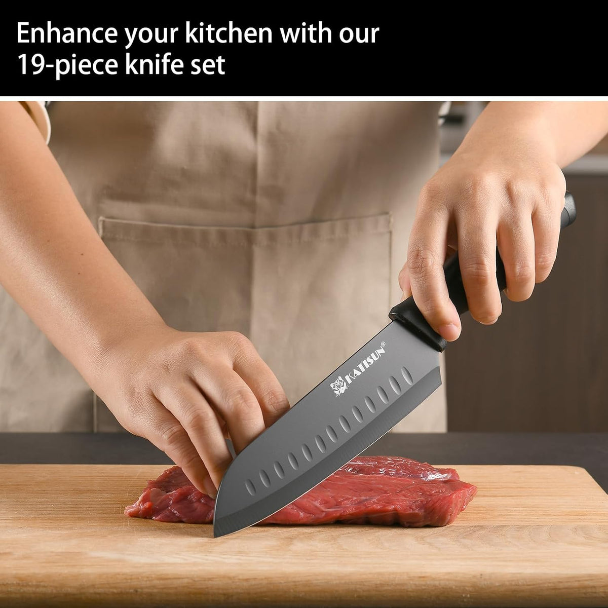 15-Piece Stainless Steel Kitchen Knife Set, Built-in Knife Sharpener, Dishwasher Safe, Ergonomic Non-Slip Handles, 6 Steak Knives, Black