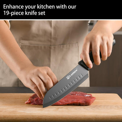 15-Piece Stainless Steel Kitchen Knife Set, Built-in Knife Sharpener, Dishwasher Safe, Ergonomic Non-Slip Handles, 6 Steak Knives, Black