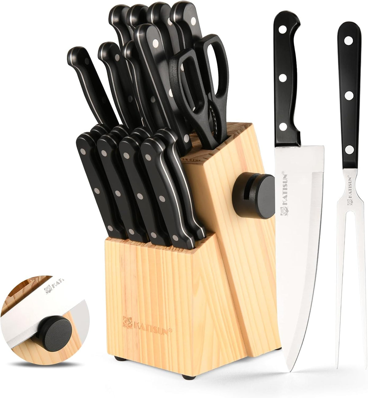 15-Piece Stainless Steel Kitchen Knife Set, Built-in Knife Sharpener, Dishwasher Safe, Ergonomic Non-Slip Handles, 6 Steak Knives, Black