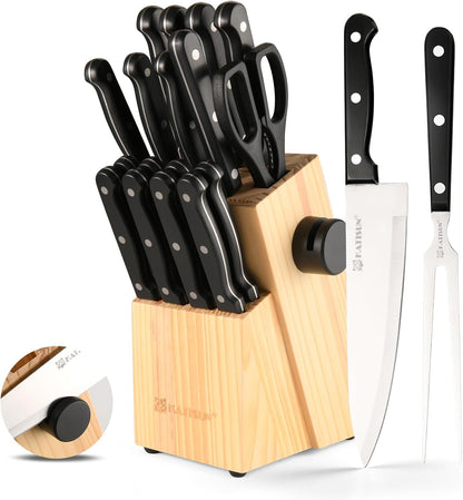 15-Piece Stainless Steel Kitchen Knife Set, Built-in Knife Sharpener, Dishwasher Safe, Ergonomic Non-Slip Handles, 6 Steak Knives, Black