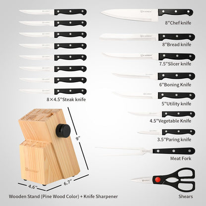 15-Piece Stainless Steel Kitchen Knife Set, Built-in Knife Sharpener, Dishwasher Safe, Ergonomic Non-Slip Handles, 6 Steak Knives, Black