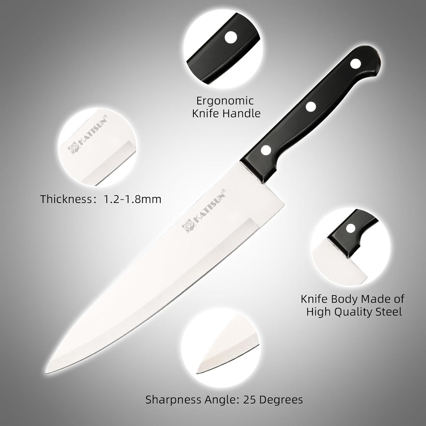 15-Piece Stainless Steel Kitchen Knife Set, Built-in Knife Sharpener, Dishwasher Safe, Ergonomic Non-Slip Handles, 6 Steak Knives, Black