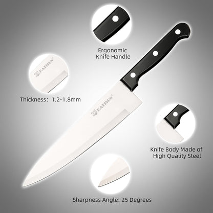 15-Piece Stainless Steel Kitchen Knife Set, Built-in Knife Sharpener, Dishwasher Safe, Ergonomic Non-Slip Handles, 6 Steak Knives, Black