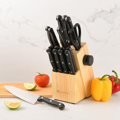 15-Piece Stainless Steel Kitchen Knife Set, Built-in Knife Sharpener, Dishwasher Safe, Ergonomic Non-Slip Handles, 6 Steak Knives, Black