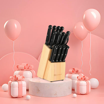 15-Piece Stainless Steel Kitchen Knife Set, Built-in Knife Sharpener, Dishwasher Safe, Ergonomic Non-Slip Handles, 6 Steak Knives, Black