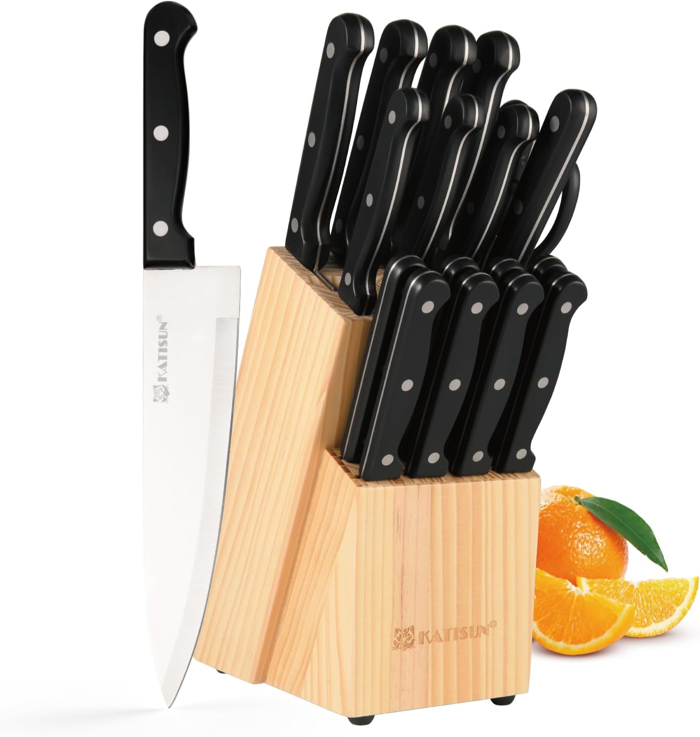 15-Piece Stainless Steel Kitchen Knife Set, Built-in Knife Sharpener, Dishwasher Safe, Ergonomic Non-Slip Handles, 6 Steak Knives, Black