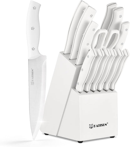 15-Piece Stainless Steel Kitchen Knife Set, Built-in Knife Sharpener, Dishwasher Safe, Ergonomic Non-Slip Handles, 6 Steak Knives, Black