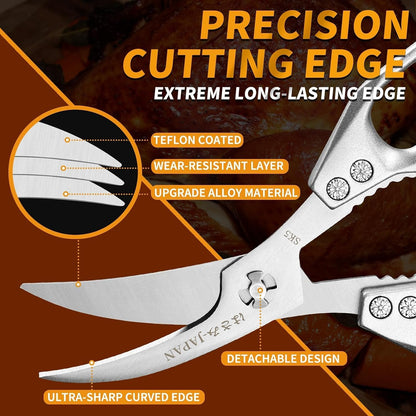 Huusk Kitchen Shears Set Silver - Seafood & Kitchen Scissors Set | Sharp Japanese-Style Cooking Meat Scissors for Crab, Shrimp, Lobster, Herbs and Food Prep, Gifts for Women Men