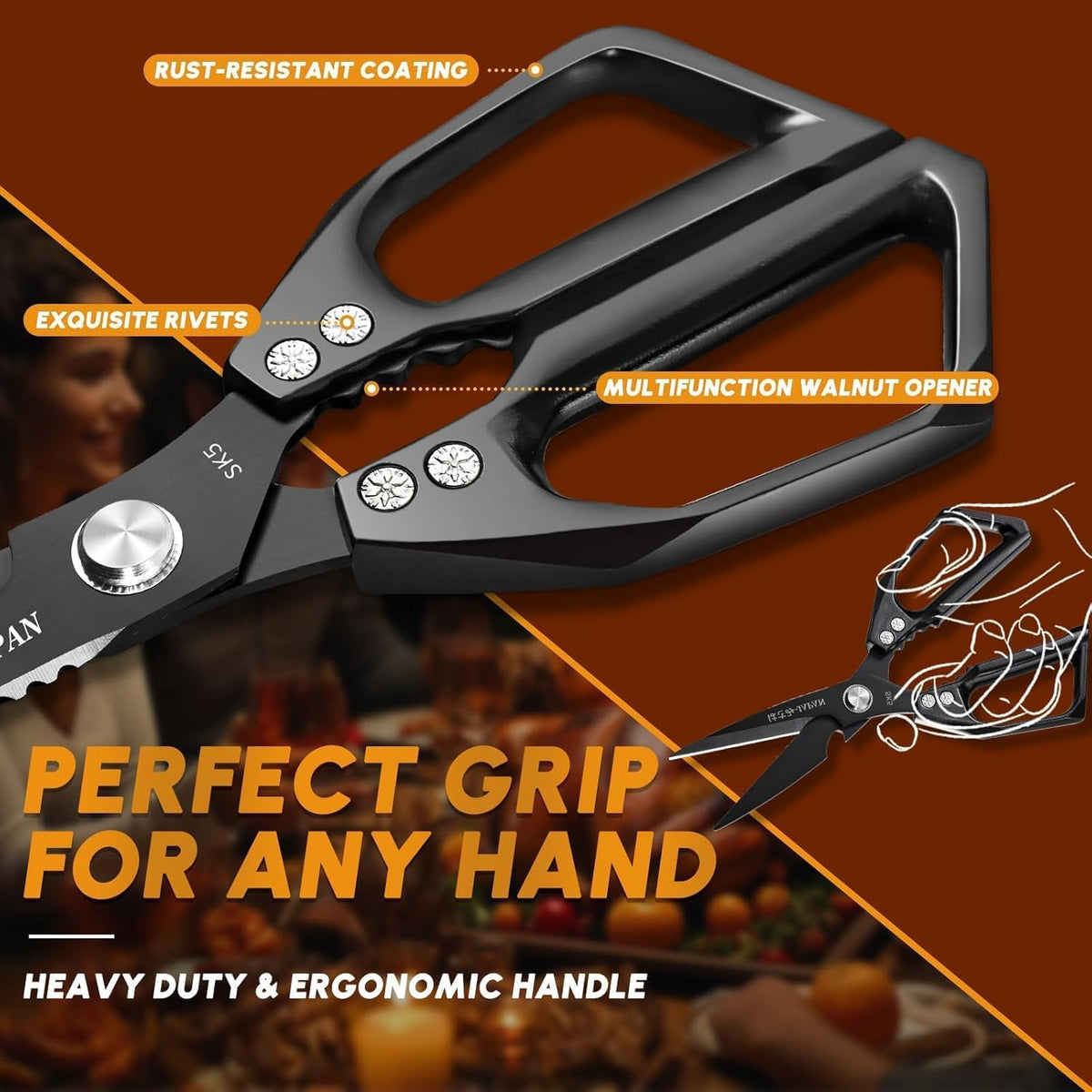 Huusk Kitchen Shears Set Silver - Seafood & Kitchen Scissors Set | Sharp Japanese-Style Cooking Meat Scissors for Crab, Shrimp, Lobster, Herbs and Food Prep, Gifts for Women Men