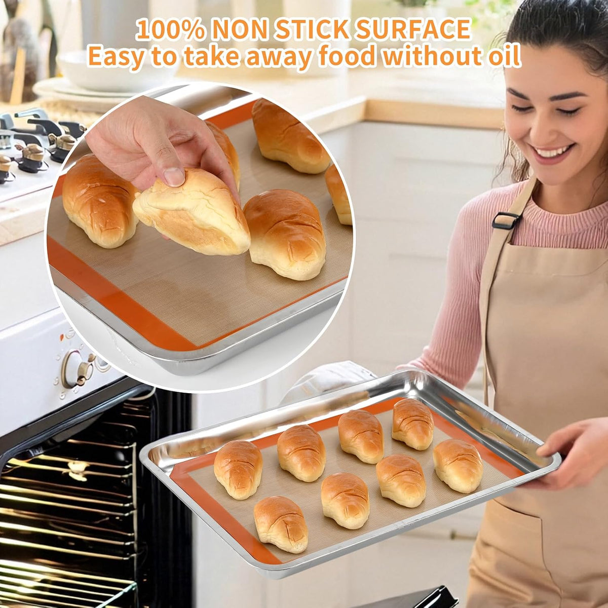 2 Pack Silicone Baking Mat Set, Nonstick Half Sheet, Orange/Beige