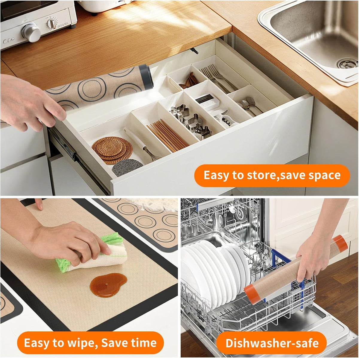 2 Pack Silicone Baking Mat Set, Nonstick Half Sheet, Orange/Beige