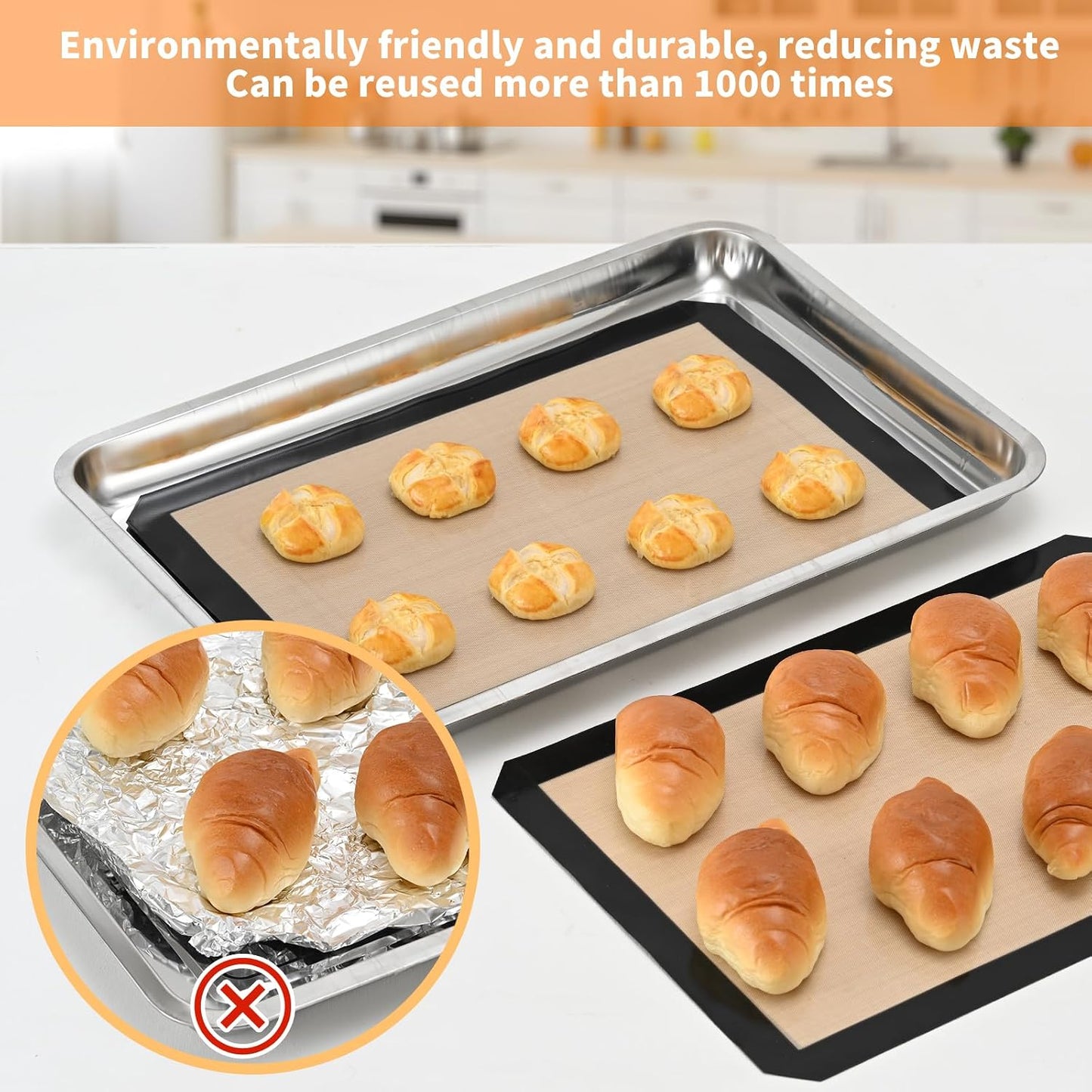 2 Pack Silicone Baking Mat Set, Nonstick Half Sheet, Orange/Beige