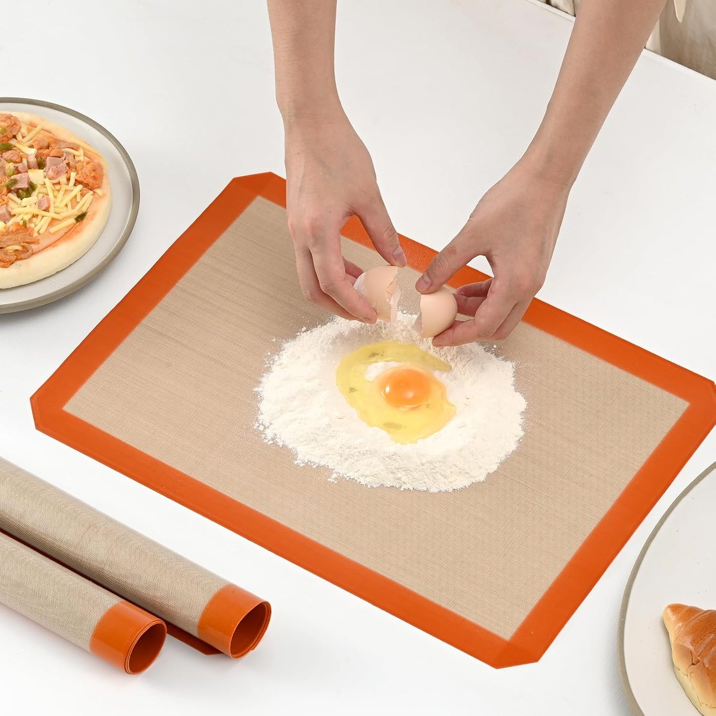 2 Pack Silicone Baking Mat Set, Nonstick Half Sheet, Orange/Beige