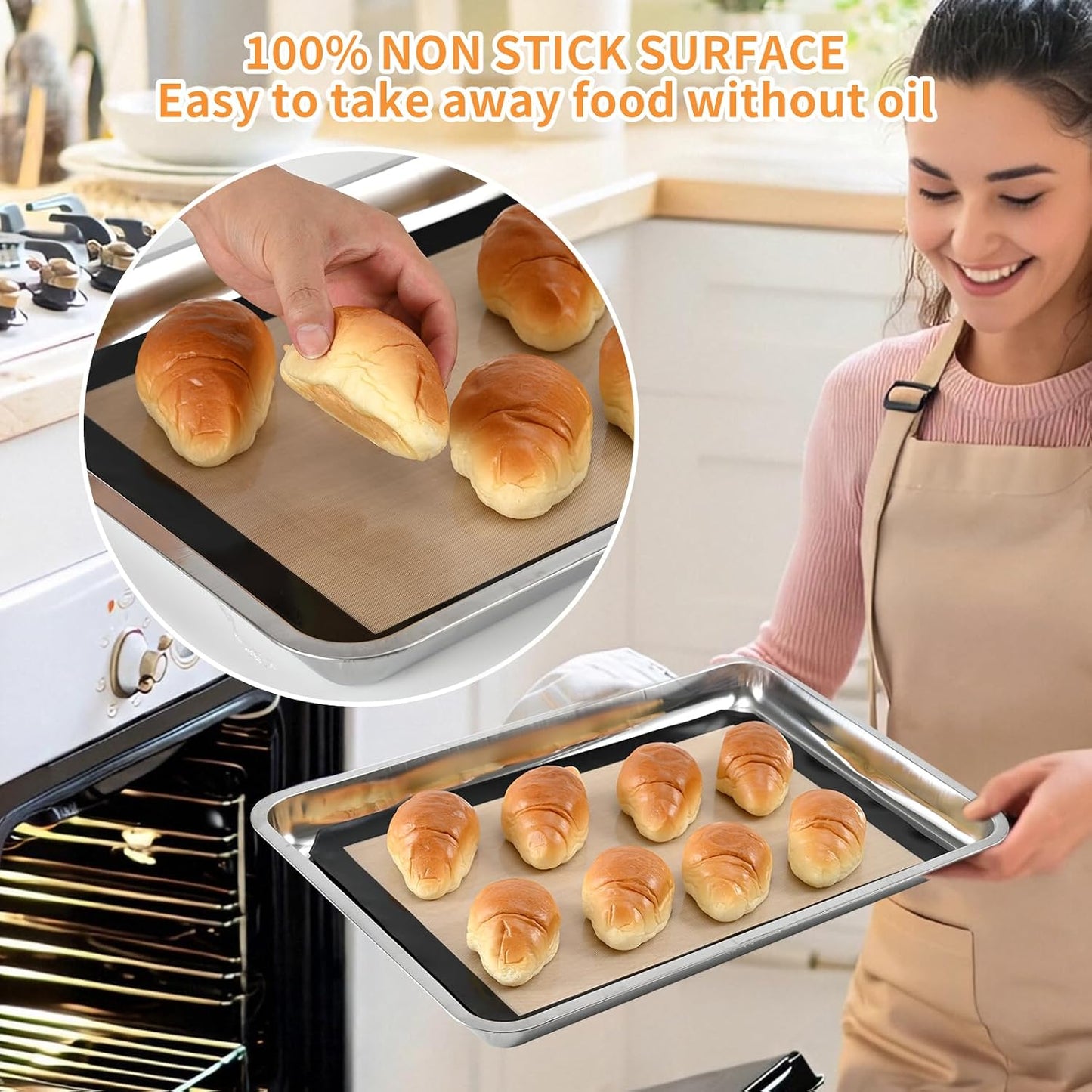 2 Pack Silicone Baking Mat Set, Nonstick Half Sheet, Orange/Beige