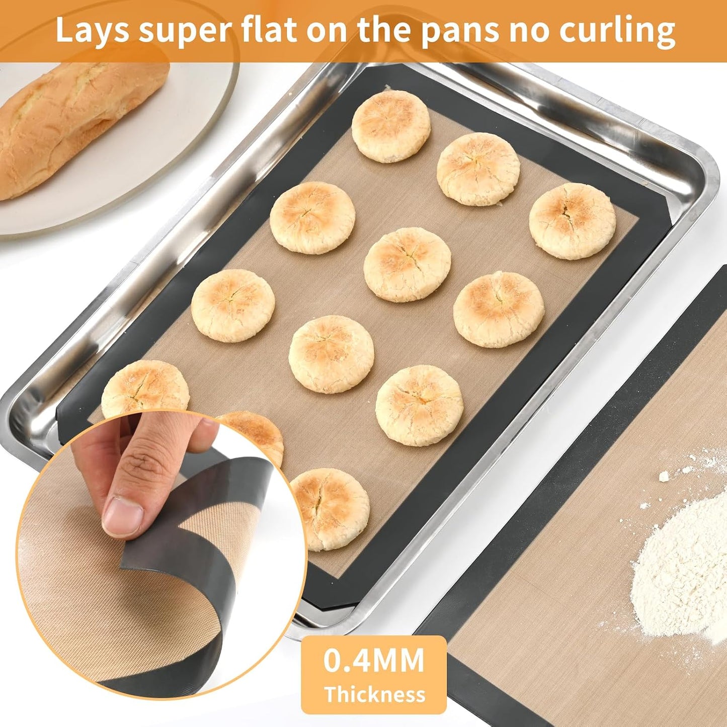 2 Pack Silicone Baking Mat Set, Nonstick Half Sheet, Orange/Beige