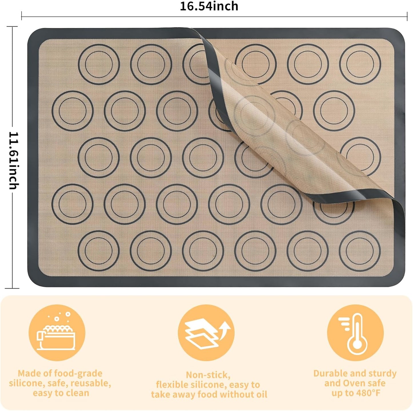 2 Pack Silicone Baking Mat Set, Nonstick Half Sheet, Orange/Beige