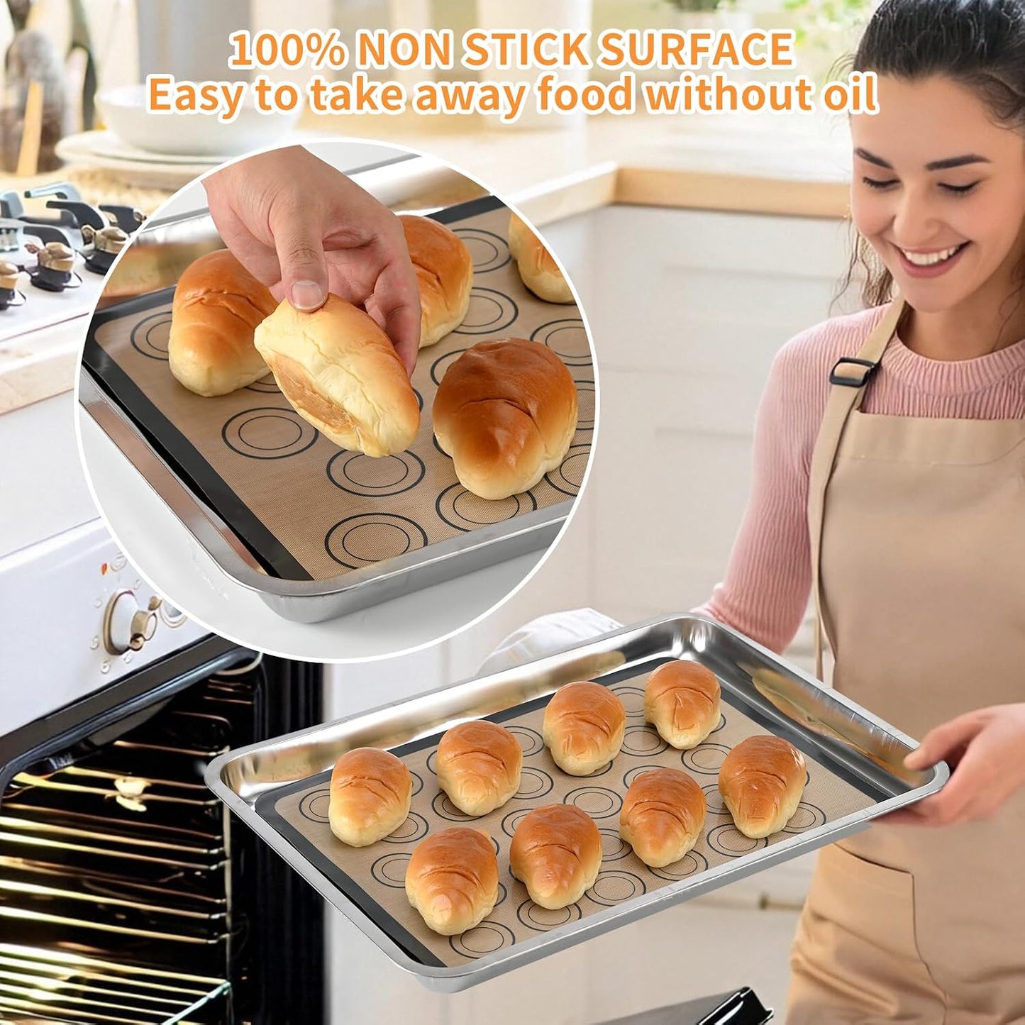 2 Pack Silicone Baking Mat Set, Nonstick Half Sheet, Orange/Beige