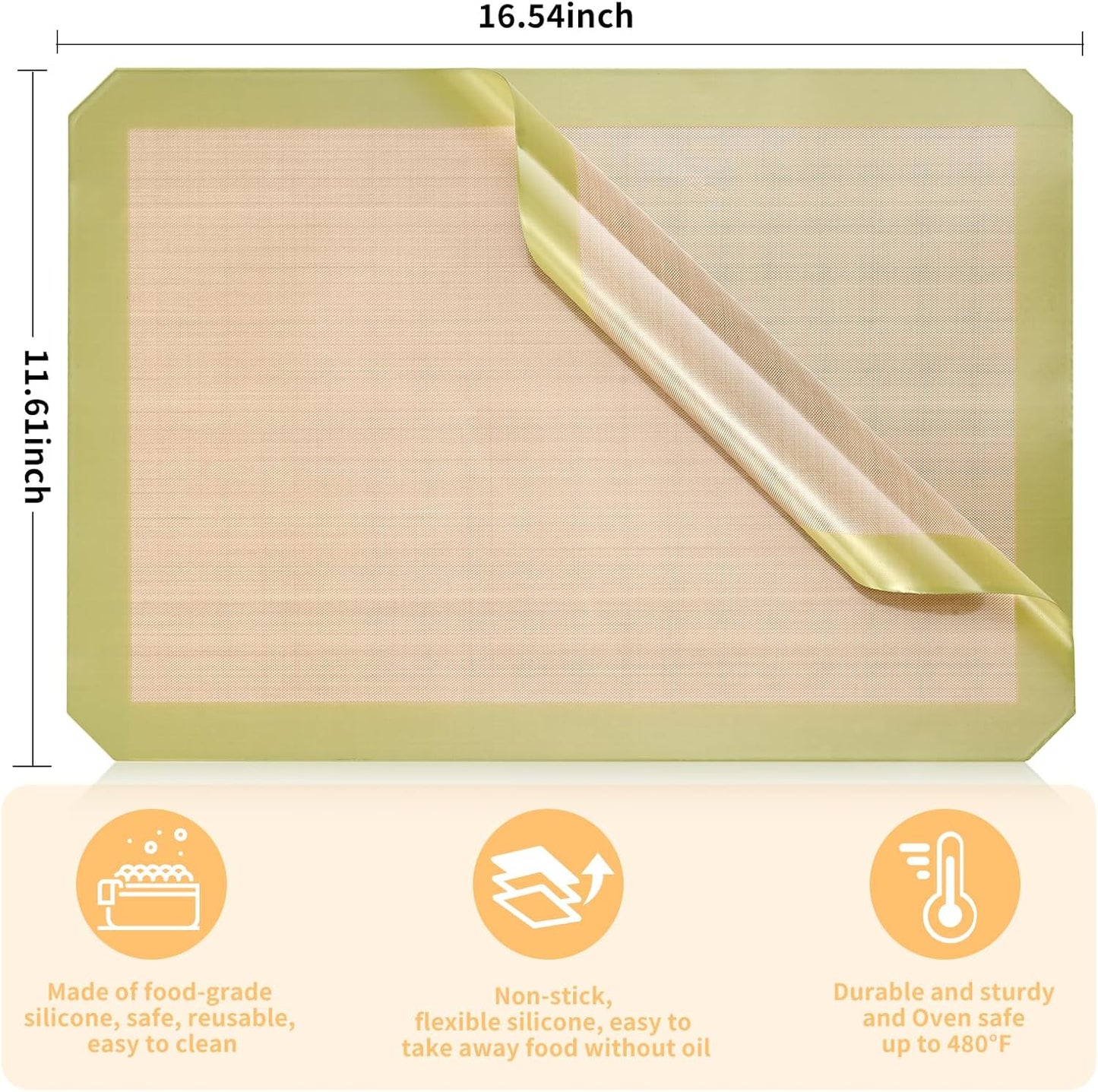 2 Pack Silicone Baking Mat Set, Nonstick Half Sheet, Orange/Beige
