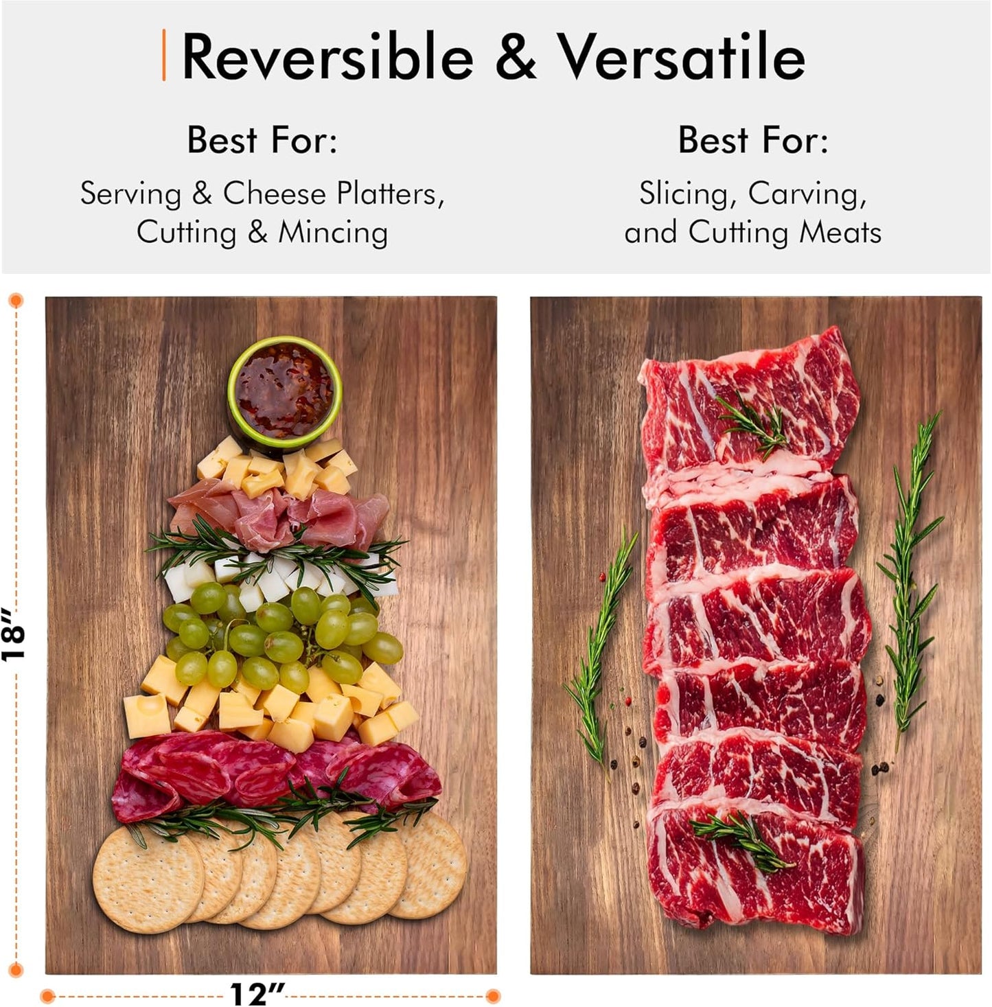 Premium Reversible Black Walnut Cutting Board with Juice Groove – 18" x 12” Hardwood Butcher Block for Meat, Cheese & Veggies – No Microplastics, BPA-Free, Gift-Ready Box