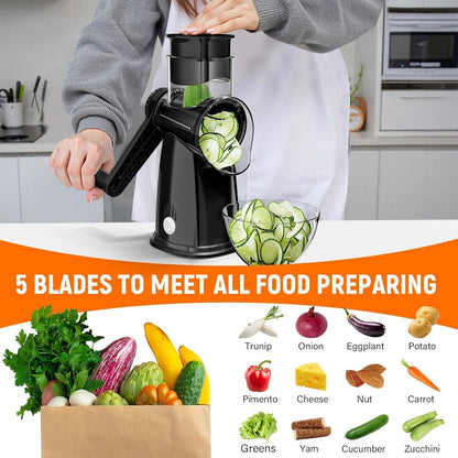 Rotary Cheese Grater Hand Crank, 5-in-1 Vegetable Chopper Spiralizer Slicer