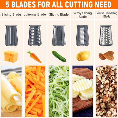 Rotary Cheese Grater Hand Crank, 5-in-1 Vegetable Chopper Spiralizer Slicer