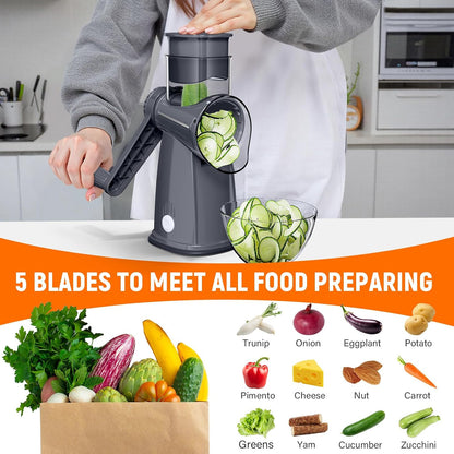 Rotary Cheese Grater Hand Crank, 5-in-1 Vegetable Chopper Spiralizer Slicer