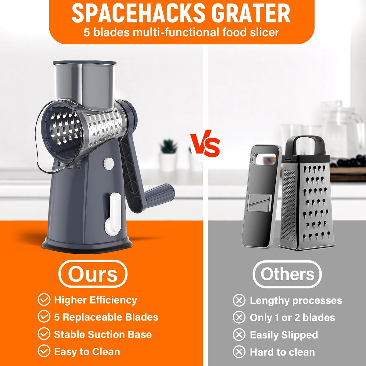 Rotary Cheese Grater Hand Crank, 5-in-1 Vegetable Chopper Spiralizer Slicer
