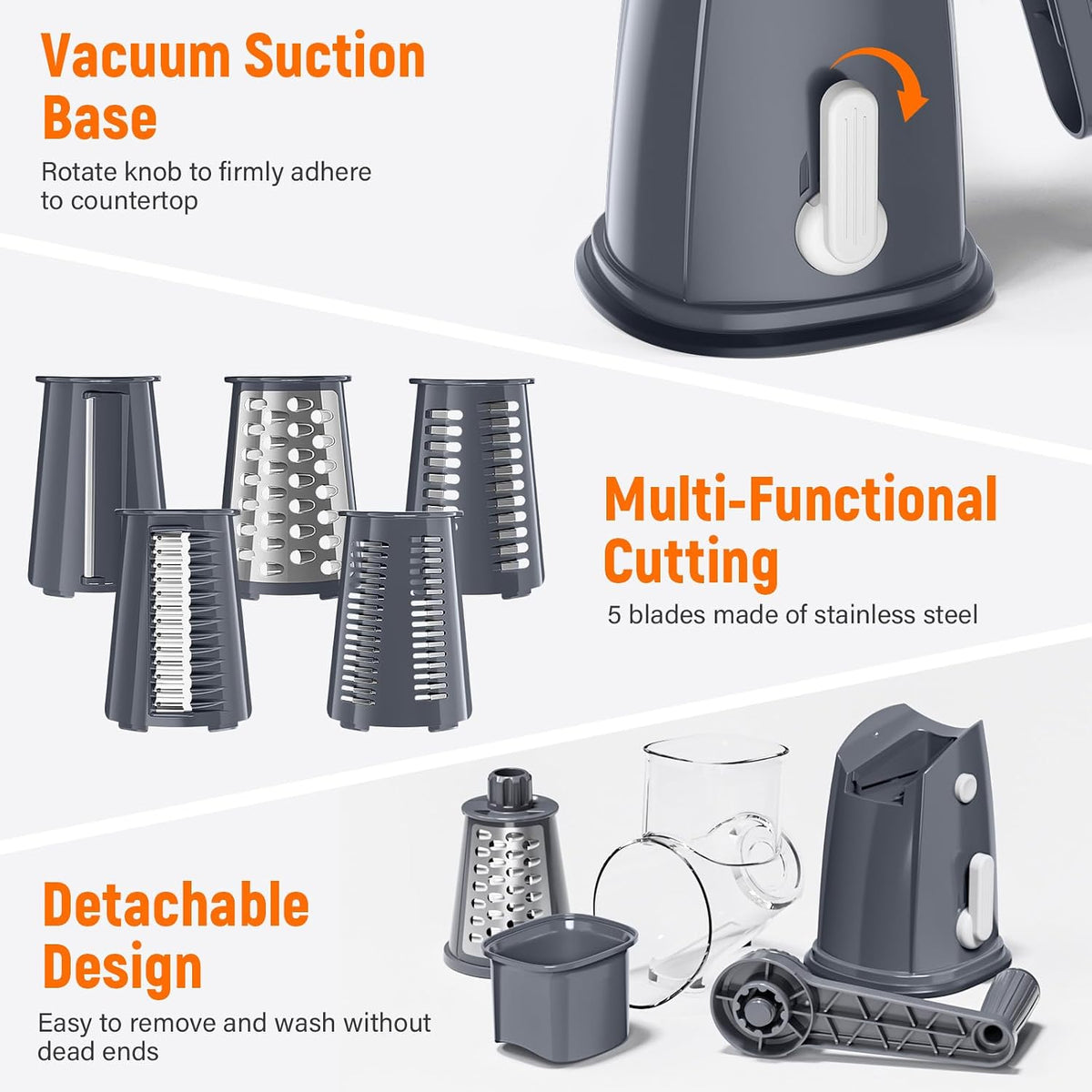 Rotary Cheese Grater Hand Crank, 5-in-1 Vegetable Chopper Spiralizer Slicer