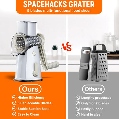 Rotary Cheese Grater Hand Crank, 5-in-1 Vegetable Chopper Spiralizer Slicer