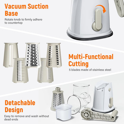 Rotary Cheese Grater Hand Crank, 5-in-1 Vegetable Chopper Spiralizer Slicer