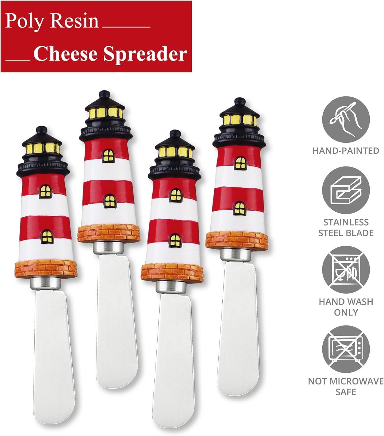 Seashell Cheese Spreaders, Hand-Painted Resin Handles with Stainless Steel Blades for Spreading Cream Cheese, Butter, and Jam, Assorted Designs, Set of 4