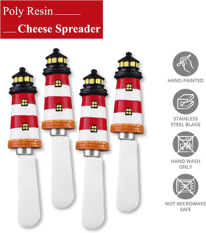 Seashell Cheese Spreaders, Hand-Painted Resin Handles with Stainless Steel Blades for Spreading Cream Cheese, Butter, and Jam, Assorted Designs, Set of 4