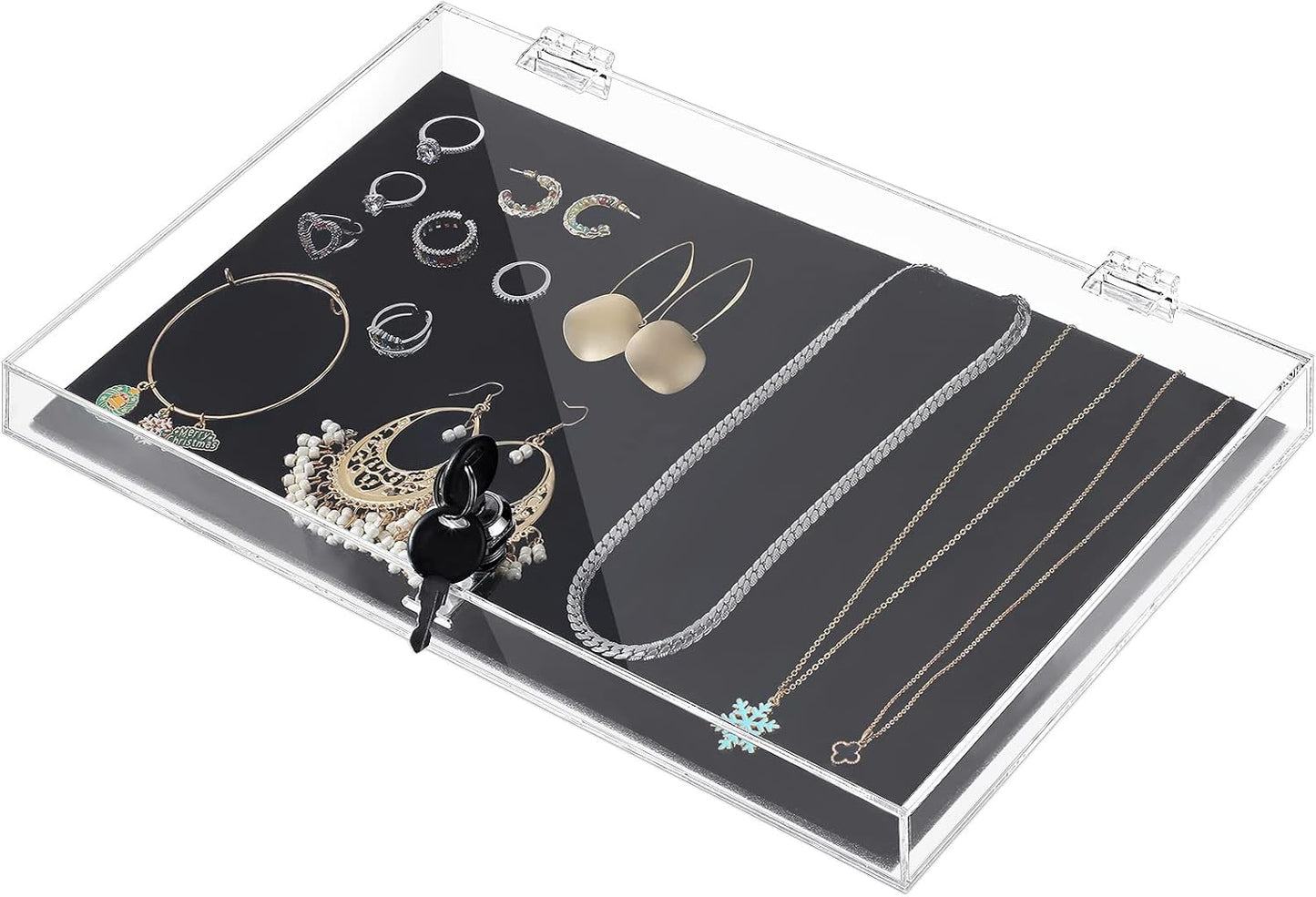 Acrylic Locking Display Case for Knife Jewelry, Clear Rectangular Display Box Security Showcase Organizer Tray with Lock Key and Padding for Jewelry Collectibles Pocket Knives