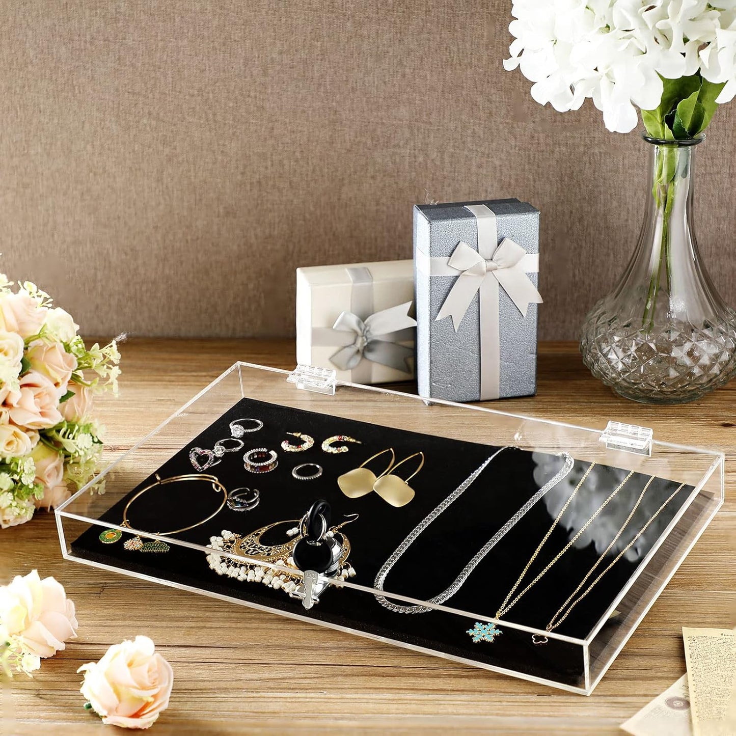 Acrylic Locking Display Case for Knife Jewelry, Clear Rectangular Display Box Security Showcase Organizer Tray with Lock Key and Padding for Jewelry Collectibles Pocket Knives