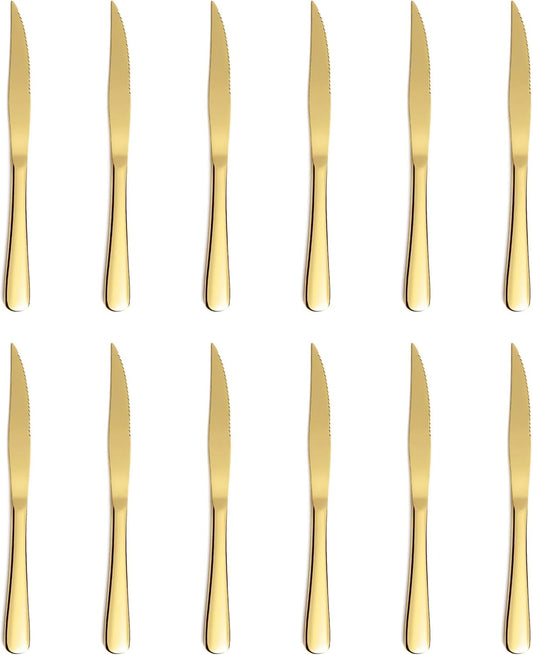 12-Piece Gold Steak Knives Set, Stainless Steel Serrated Dinner Knives, Dishwasher Safe